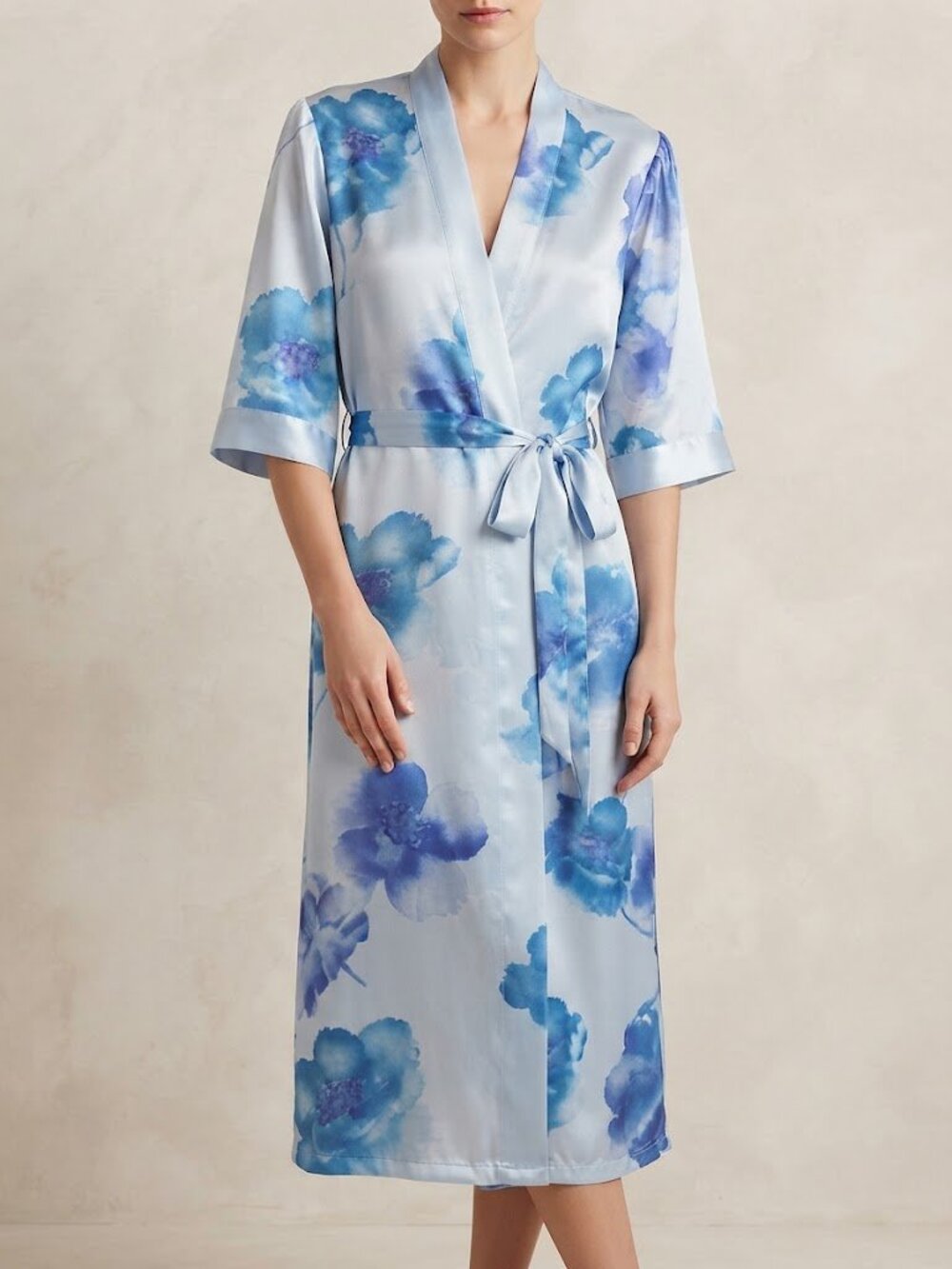 Blue & White Floral Tie Waist Robe